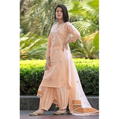 ANNI DESIGNER Women's Rayon Blend Hand Block Printed Straight Kurta with Pant & Dupatta (RAGSRI PEACH-VKS02_M_Peach_Medium)