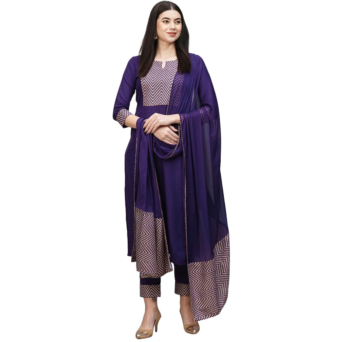ANNI DESIGNER Women's Cotton Blend Straight Printed Kurta with Pant & Dupatta (KIKU BEGANI_S_Purple_Small)