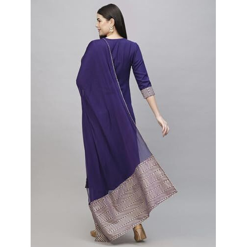 ANNI DESIGNER Women's Cotton Blend Straight Printed Kurta with Pant & Dupatta (KIKU BEGANI_S_Purple_Small)