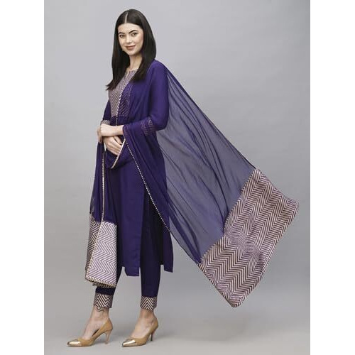 ANNI DESIGNER Women's Cotton Blend Straight Printed Kurta with Pant & Dupatta (KIKU BEGANI_S_Purple_Small)