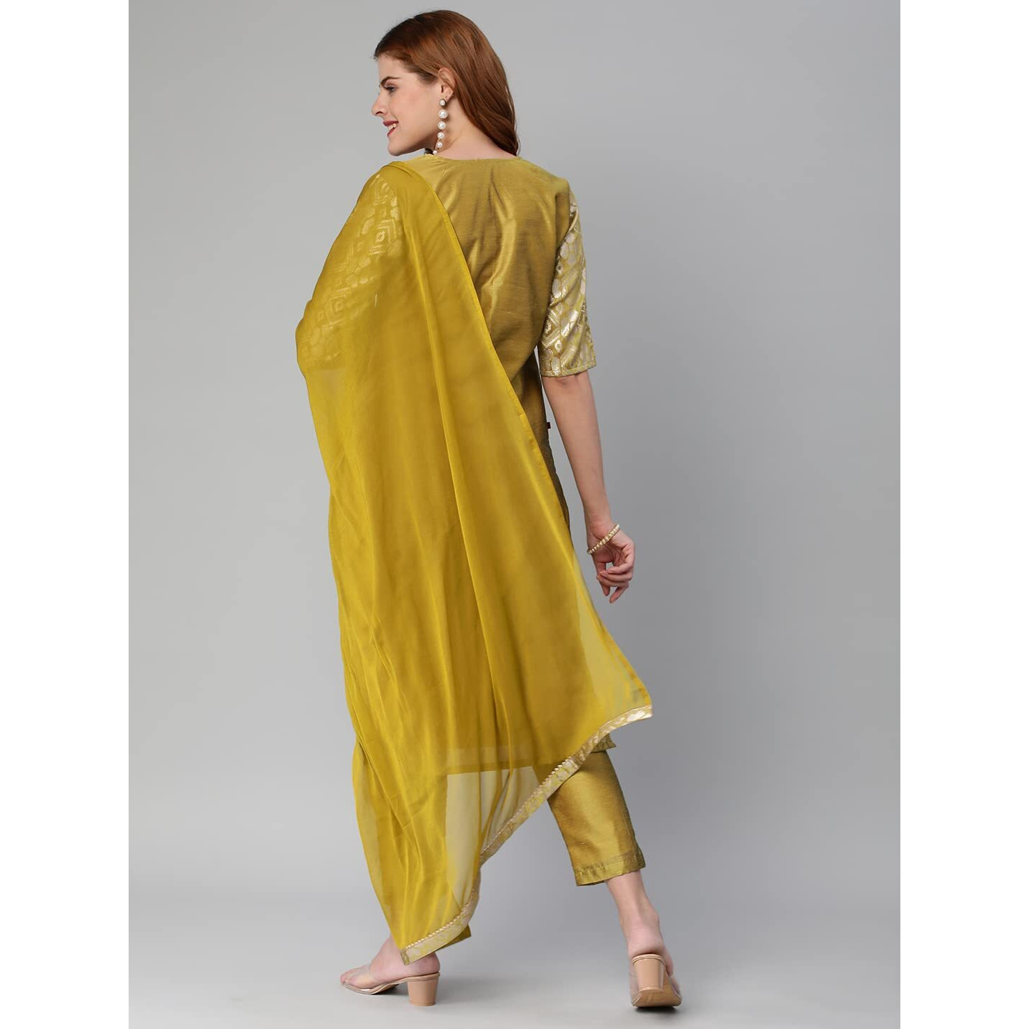 ANNI DESIGNER Women's Banarasi Woven Straight Embellished Printed Kurta with Pant & Dupatta (KABZAA-Methi-Nw_M_Mustard_Medium)