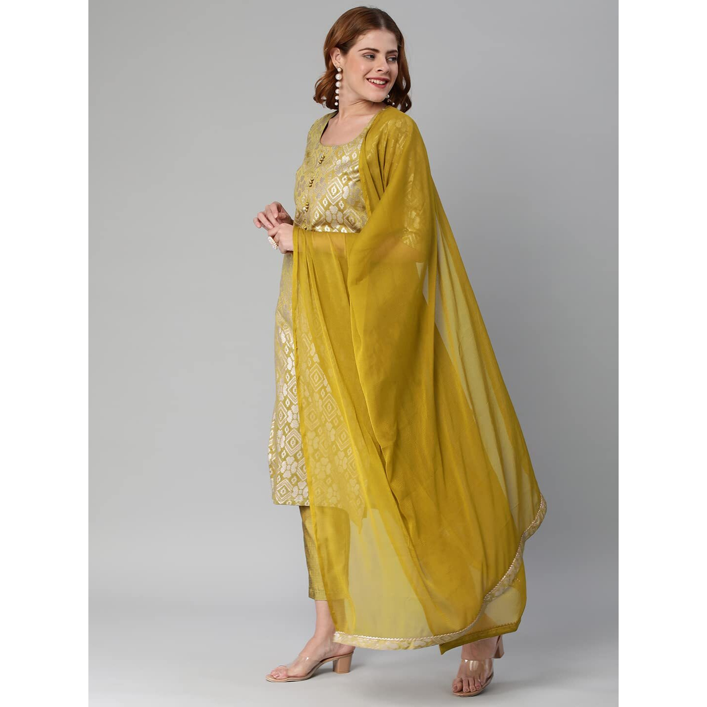 ANNI DESIGNER Women's Banarasi Woven Straight Embellished Printed Kurta with Pant & Dupatta (KABZAA-Methi-Nw_M_Mustard_Medium)