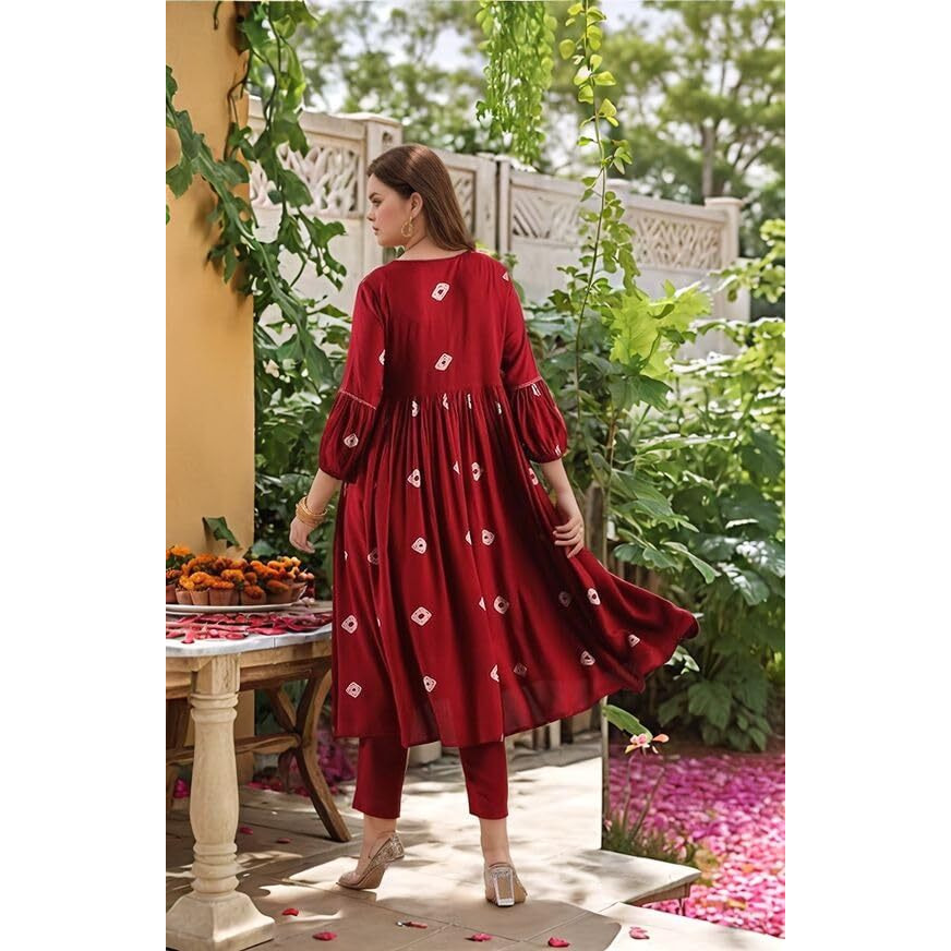 ANNI DESIGNER Women's Rayon Viscose Anarkali Printed Kurta with Pant (ANVESHI MAROON-VKS05_L_Maroon_Large)