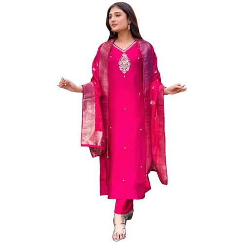 ANNI DESIGNER Women's Silk Blend Straight Embroidered Kurta with Pant & Dupatta (Premium Pink-VKS05_L_Pink_Large)