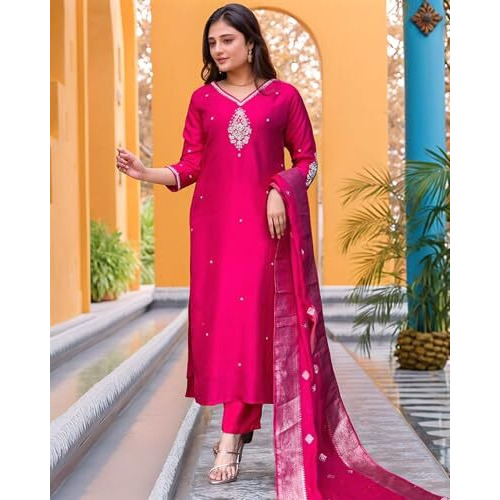 ANNI DESIGNER Women's Silk Blend Straight Embroidered Kurta with Pant & Dupatta (Premium Pink-VKS05_L_Pink_Large)