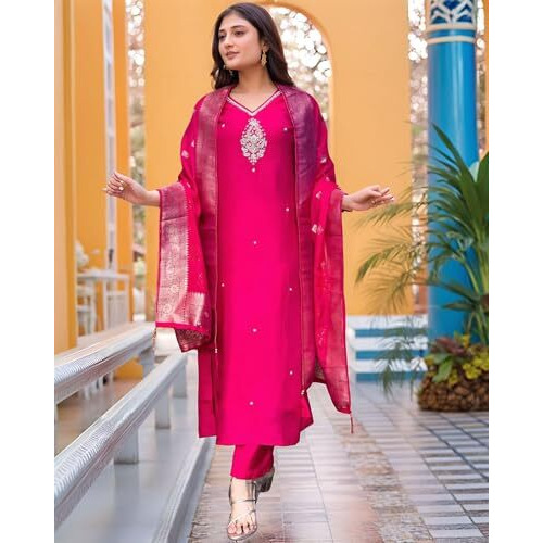 ANNI DESIGNER Women's Silk Blend Straight Embroidered Kurta with Pant & Dupatta (Premium Pink-VKS05_L_Pink_Large)