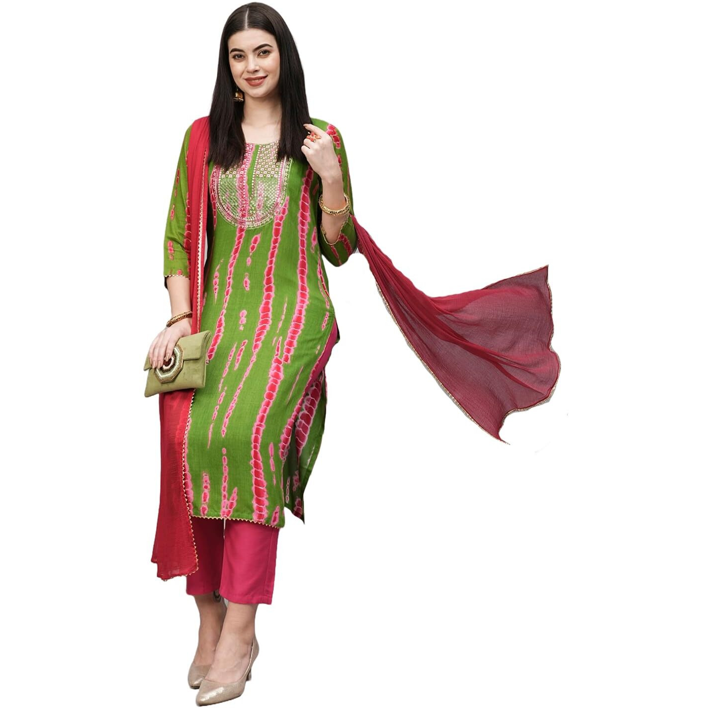 ANNI DESIGNER Women's Rayon Blend Straight Printed Kurta with Pant & Dupatta (Dollop Methi_M_Green_Medium)
