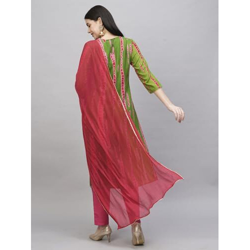 ANNI DESIGNER Women's Rayon Blend Straight Printed Kurta with Pant & Dupatta (Dollop Methi_M_Green_Medium)