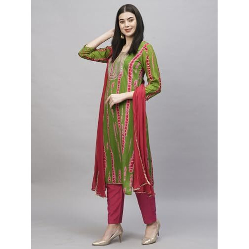 ANNI DESIGNER Women's Rayon Blend Straight Printed Kurta with Pant & Dupatta (Dollop Methi_M_Green_Medium)