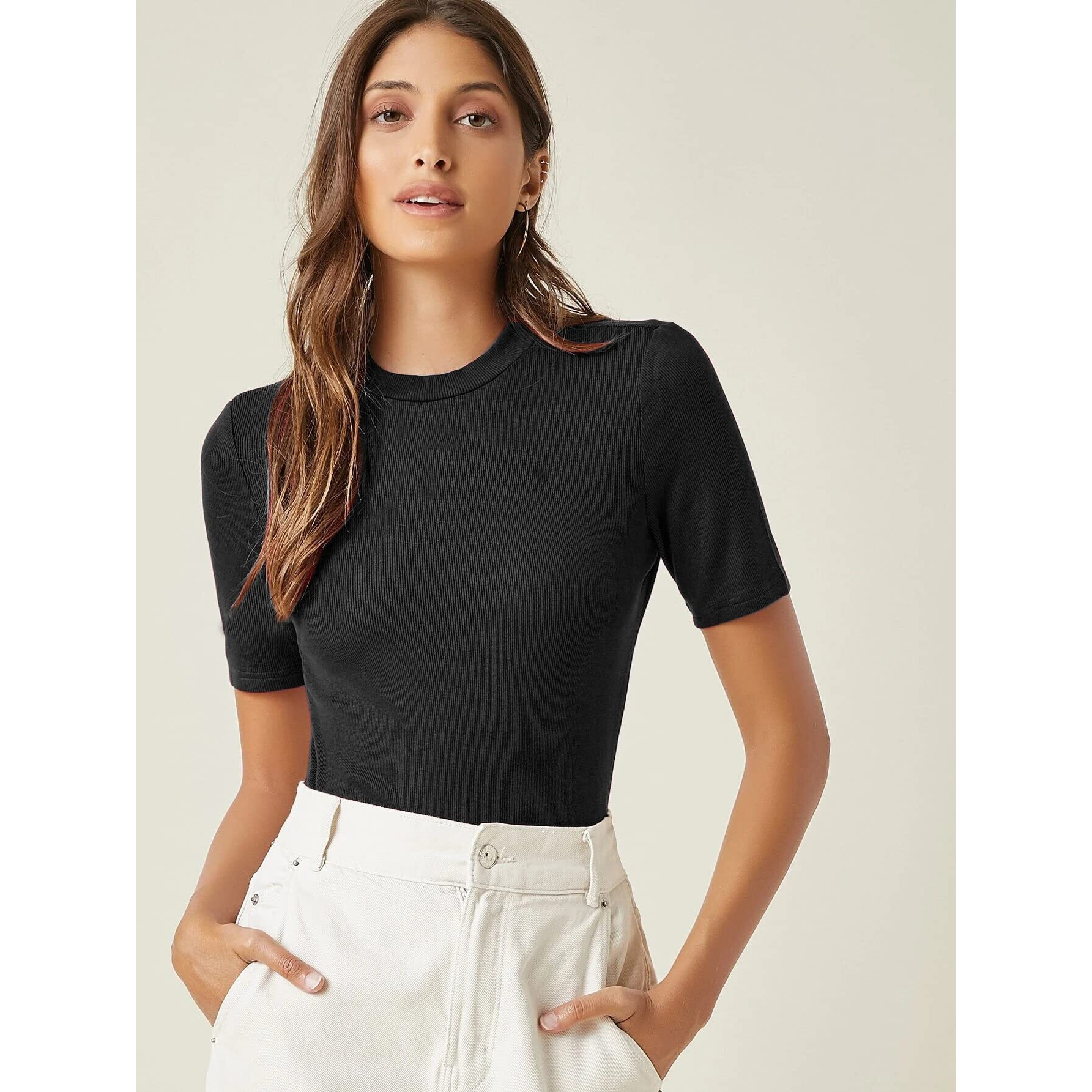 ANNI DESIGNER Women's Cotton Belnd Lycra Ribbed Solid Half Sleeve Round Neck Top (NTPR-Black_S_Black_Small)
