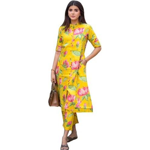 ANNI DESIGNER Women's Rayon Viscose Printed A-Line Kurta with Pant (Ladat Yellow-VKS05_XXL_Yellow_XX-Large)