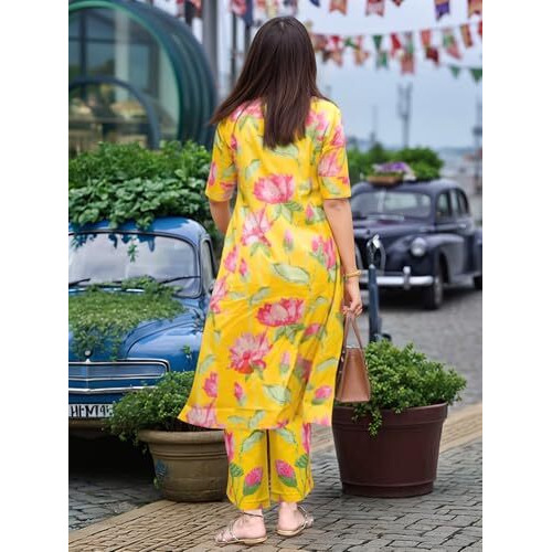 ANNI DESIGNER Women's Rayon Viscose Printed A-Line Kurta with Pant (Ladat Yellow-VKS05_XXL_Yellow_XX-Large)