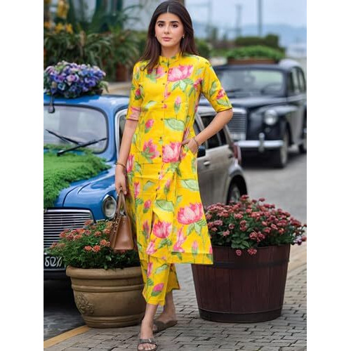 ANNI DESIGNER Women's Rayon Viscose Printed A-Line Kurta with Pant (Ladat Yellow-VKS05_XXL_Yellow_XX-Large)