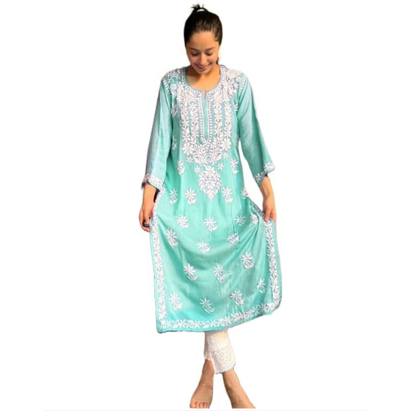 ANNI DESIGNER Women's Cotton Blend Chikankari Embroidered Straight Kurta (Marich See Green_S_See Green_Small)
