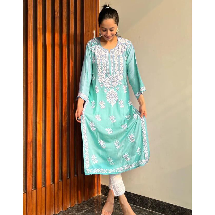 ANNI DESIGNER Women's Cotton Blend Chikankari Embroidered Straight Kurta (Marich See Green_S_See Green_Small)
