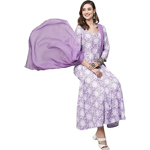 ANNI DESIGNER Women's Cotton Blend Anarkali Printed Kurta with Pant & Dupatta (AMIG-Purple_S_Purple_Small)