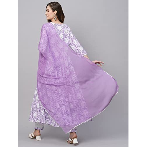 ANNI DESIGNER Women's Cotton Blend Anarkali Printed Kurta with Pant & Dupatta (AMIG-Purple_S_Purple_Small)