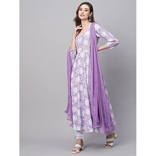 ANNI DESIGNER Women's Cotton Blend Anarkali Printed Kurta with Pant & Dupatta (AMIG-Purple_S_Purple_Small)