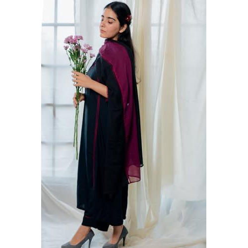 ANNI DESIGNER Women's Rayon Viscose A-line Solid Kurta with Pant & Dupatta (NANAD Black_XL_Black_X-Large)