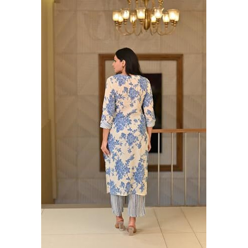 ANNI DESIGNER Women's Cotton Blend Straight Printed Kurta with Pant (Jamahi Blue_XXL_Blue_XX-Large)