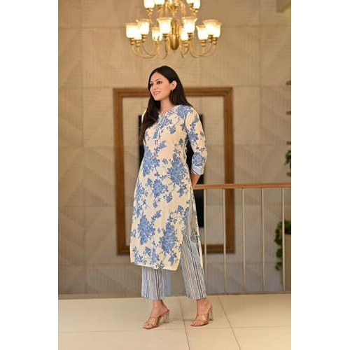 ANNI DESIGNER Women's Cotton Blend Straight Printed Kurta with Pant (Jamahi Blue_XXL_Blue_XX-Large)