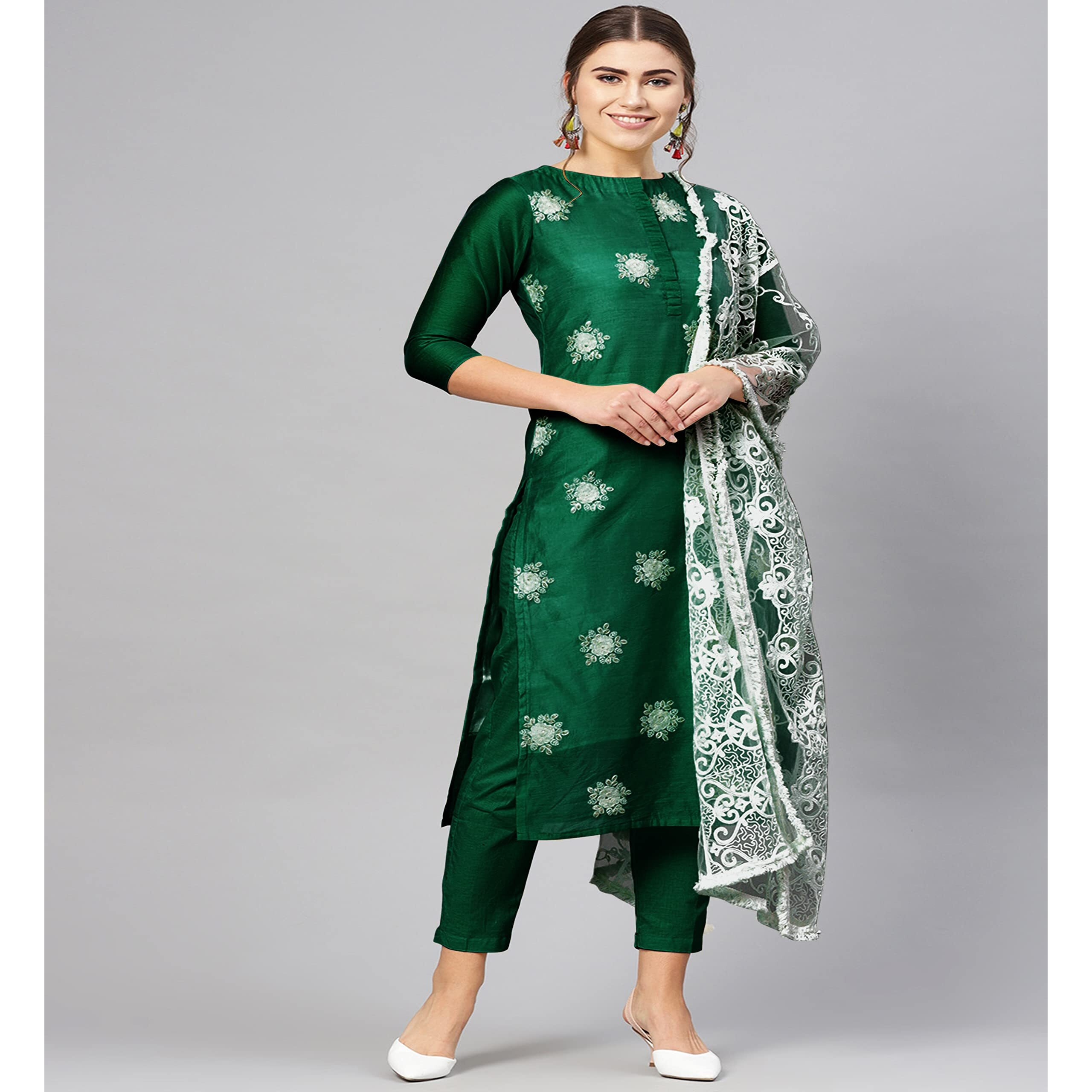 ANNI DESIGNER Women's Ruby Cotton Straight Embroidery Kurti with Pant & Dupatta Set (WHITE-SHOW GREEN_S Green_Small)