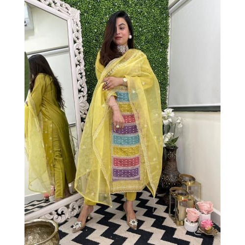 ANNI DESIGNER Women's Rayon Viscose Straight Embroidered Kurta with Pant & Dupatta (Art LEMON-VKS01_S_Green_Small)