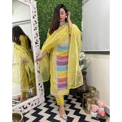 ANNI DESIGNER Women's Rayon Viscose Straight Embroidered Kurta with Pant & Dupatta (Art LEMON-VKS01_S_Green_Small)