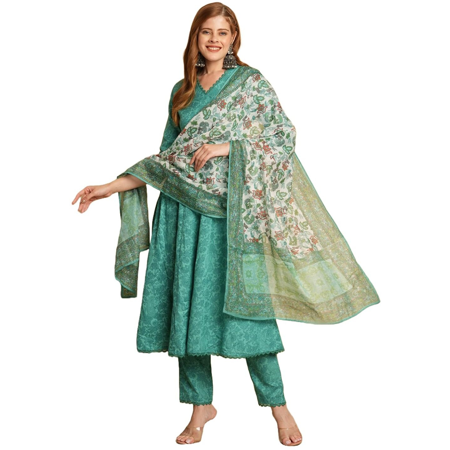 ANNI DESIGNER Women's Cotton Blend Anarkali Solid Kurta with Pant & Dupatta (UTSAV Green_XL_Green_X-Large)