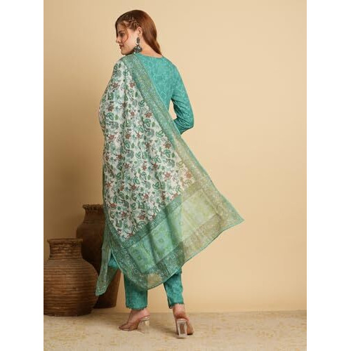ANNI DESIGNER Women's Cotton Blend Anarkali Solid Kurta with Pant & Dupatta (UTSAV Green_XL_Green_X-Large)