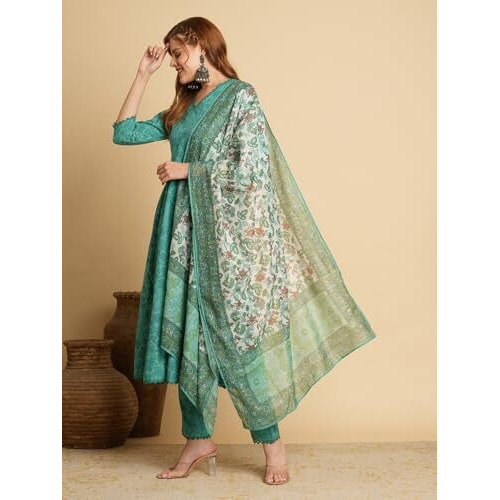 ANNI DESIGNER Women's Cotton Blend Anarkali Solid Kurta with Pant & Dupatta (UTSAV Green_XL_Green_X-Large)