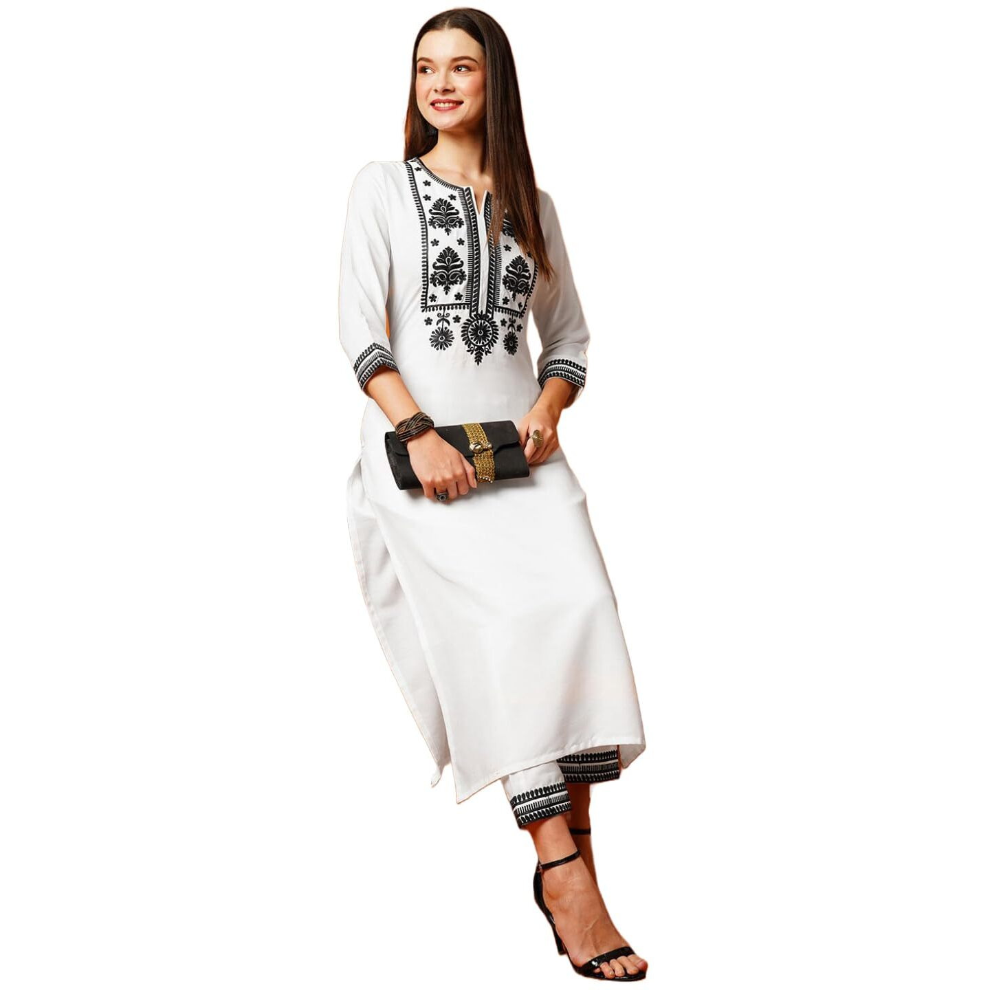 ANNI DESIGNER Women's Cotton Blend Straight Embroidered Kurta with Pant (DOTD-White-NG_XXL_White_XX-Large)