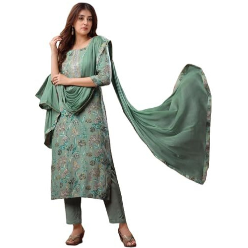 ANNI DESIGNER Women's Rayon Viscose Straight Printed Kurta with Pant & Dupatta (Vice Green-VKS04_XXL_Green_XX-Large)