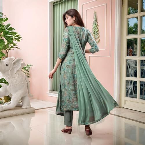 ANNI DESIGNER Women's Rayon Viscose Straight Printed Kurta with Pant & Dupatta (Vice Green-VKS04_XXL_Green_XX-Large)