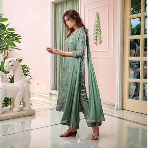 ANNI DESIGNER Women's Rayon Viscose Straight Printed Kurta with Pant & Dupatta (Vice Green-VKS04_XXL_Green_XX-Large)