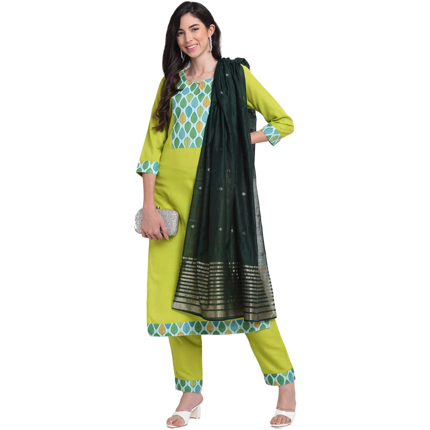 ANNI DESIGNER Women's Cotton Straight Kurta with Pant & Dupatta (MOHAK Green_XL_Green_X-Large)