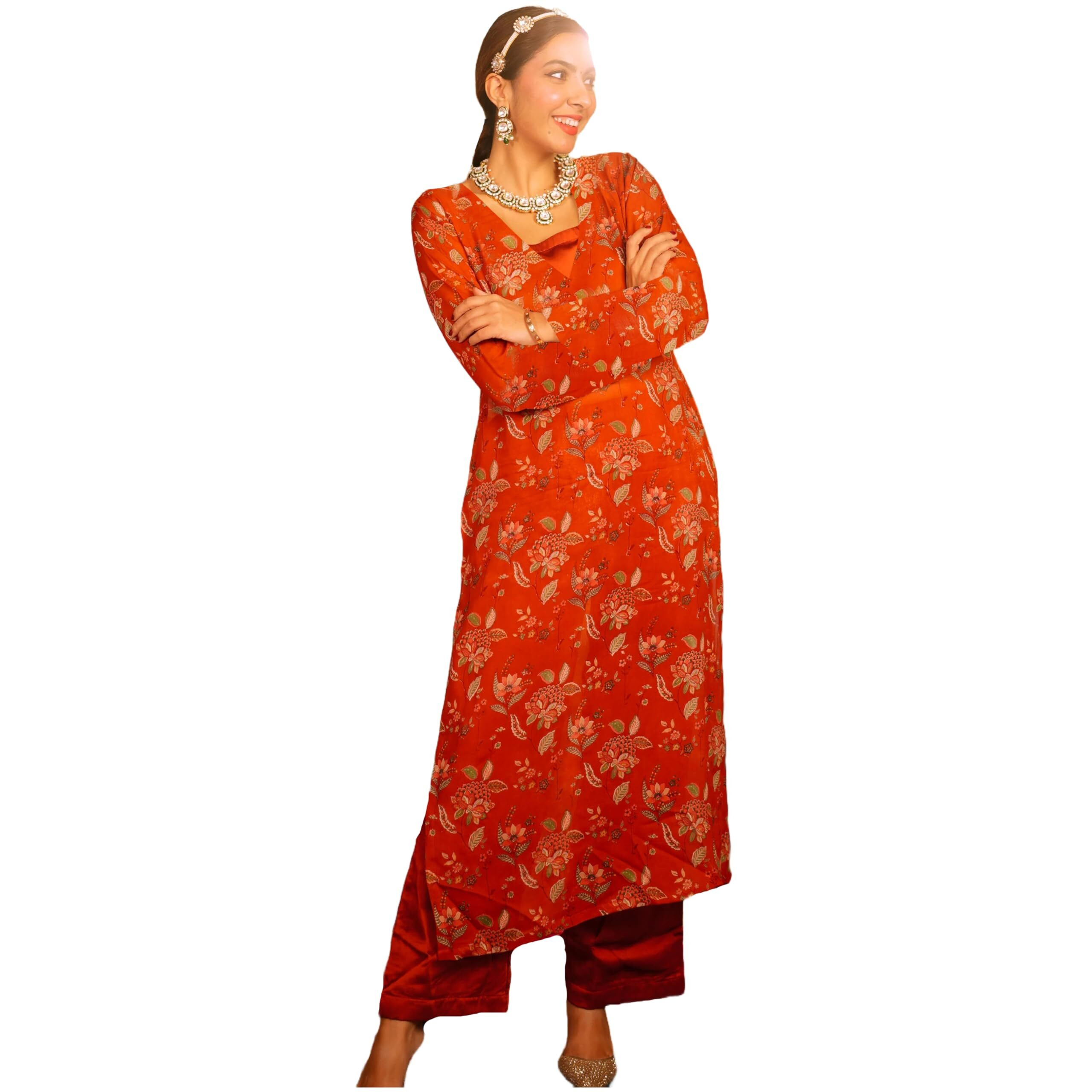 ANNI DESIGNER Women's Rayon Viscose Straight Printed Kurta with Palazzo (JHOL Orange_XL_Orange_X-Large)