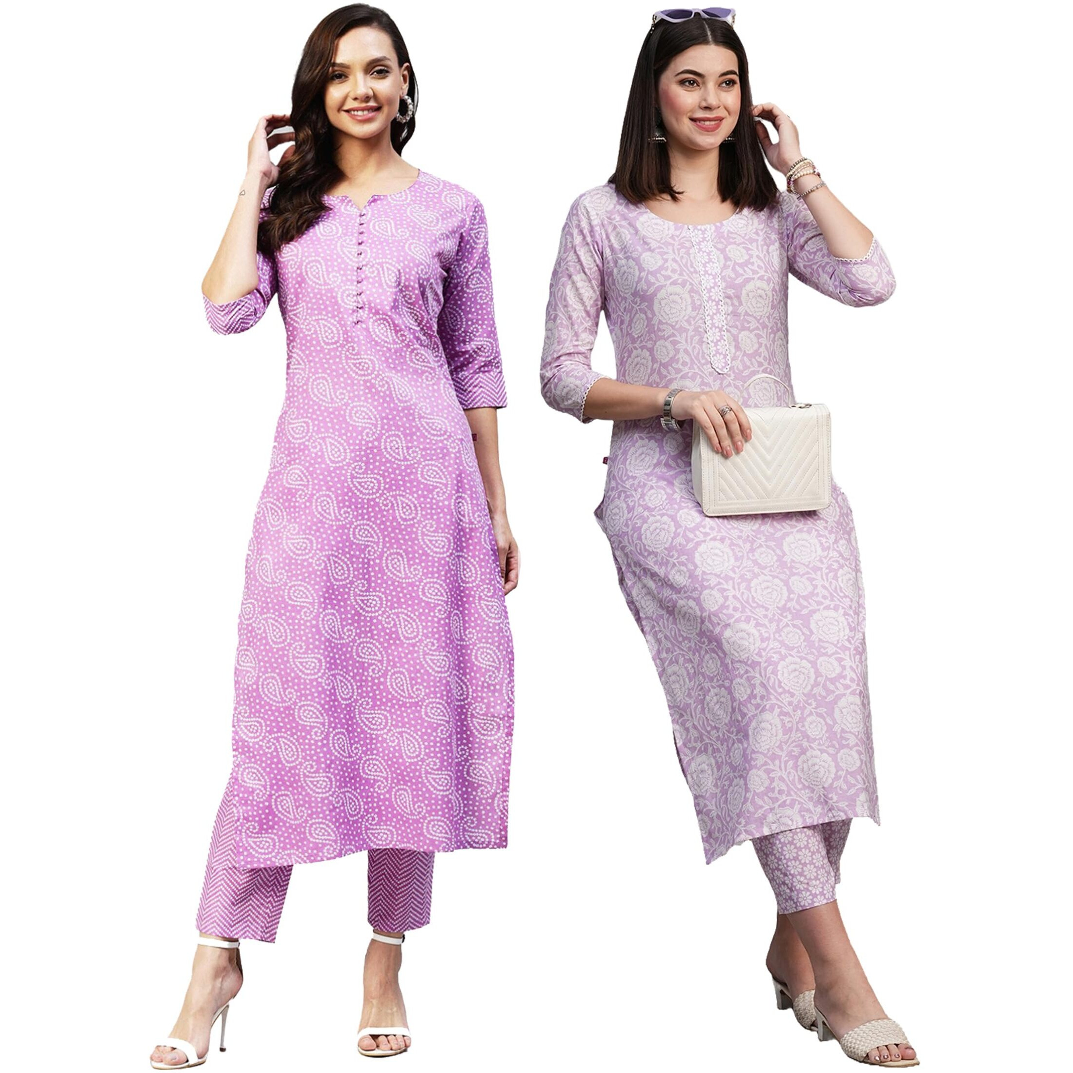 ANNI DESIGNER Women's Cotton Blend Printed Straight Kurta with Pant Pack of 2 (Combo-Wamurti-Mukh_Multicolor_XX-Large)