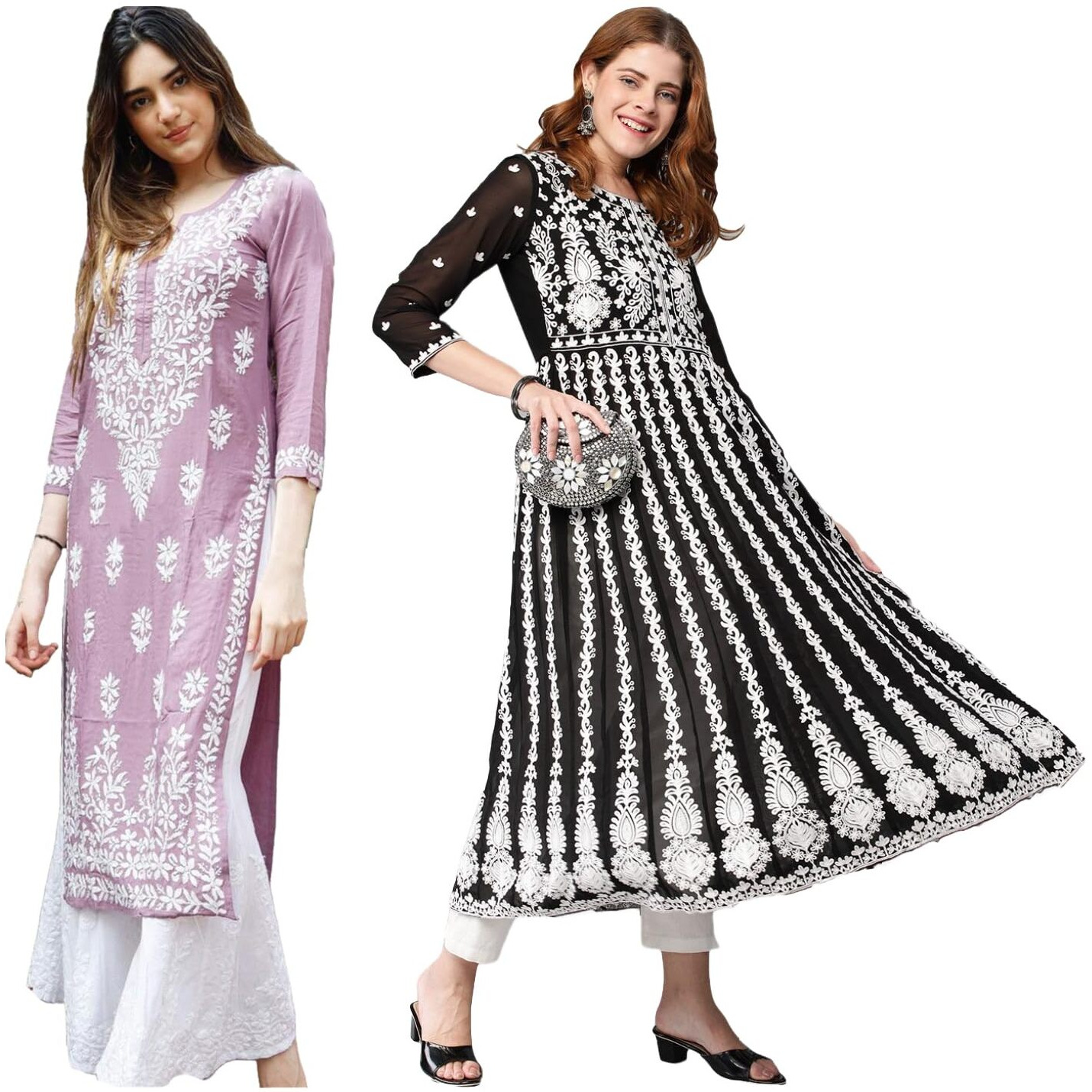 ANNI DESIGNER Women's Cotton Blend Embroidered Straight Kurti Combo Pack of 2 (Victoria Purple & Kari Black_2095_Multicolor_Small)