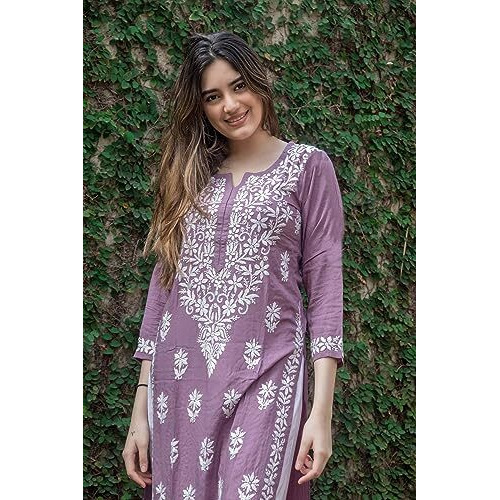 ANNI DESIGNER Women's Cotton Blend Embroidered Straight Kurti Combo Pack of 2 (Victoria Purple & Kari Black_2095_Multicolor_Small)