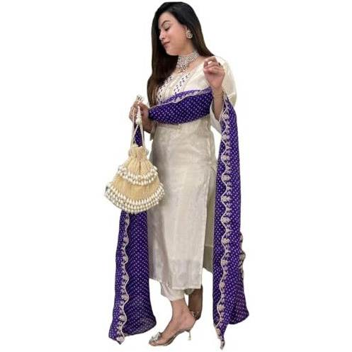 ANNI DESIGNER Women's Rayon Viscose Straight Embroidered Kurta with Pant & Dupatta (Mono White_S_White_Small)