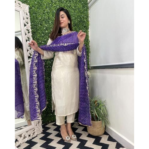 ANNI DESIGNER Women's Rayon Viscose Straight Embroidered Kurta with Pant & Dupatta (Mono White_S_White_Small)