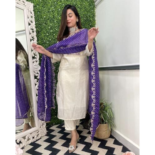 ANNI DESIGNER Women's Rayon Viscose Straight Embroidered Kurta with Pant & Dupatta (Mono White_S_White_Small)