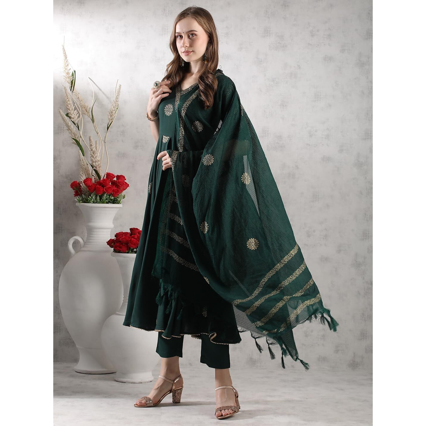 ANNI DESIGNER Women's Rayon Blend Anarkali Printed Kurta with Pant & Dupatta (Berlin GREEN-VKS05_XXL_Green_XX-Large)