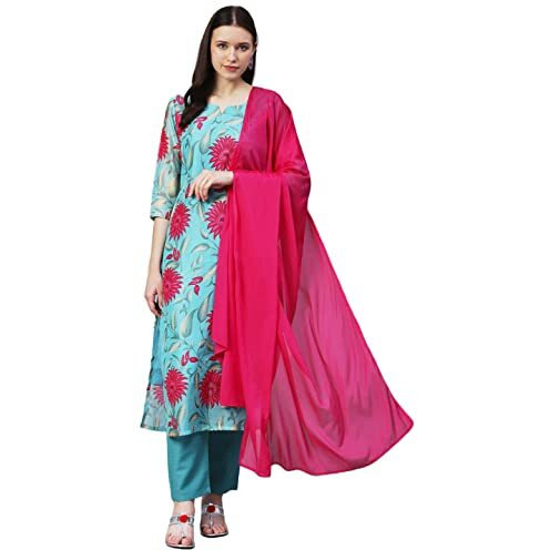 ANNI DESIGNER Women's Cotton Blend Floral Straight Kurta with Pant & Dupatta (Madhya_Turquoise_X-Large)