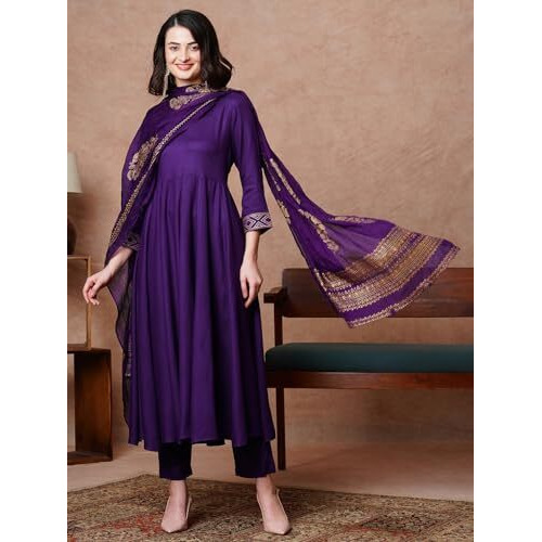 ANNI DESIGNER Women's Rayon Blend Solid Anarkali Kurta with Pant & Dupatta (Magic-Violet-NB_XL_Violet_X-Large)