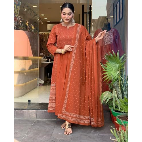 ANNI DESIGNER Women's Rayon Viscose Anarkali Printed Kurta with Pant & Dupatta (Hamlet ORANGE-VKS01_4XL_Orange_XXXX-Large)