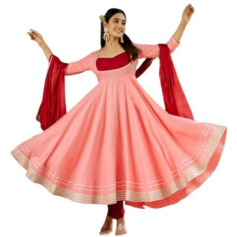 ANNI DESIGNER Women's Rayon Viscose Solid Anarkali Kurta with Pant & Dupatta (KUSPARI Peach_S_Peach_Small)