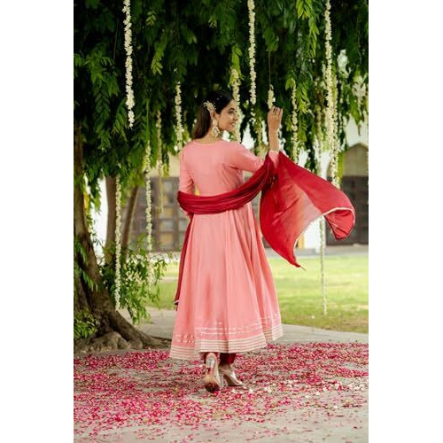 ANNI DESIGNER Women's Rayon Viscose Solid Anarkali Kurta with Pant & Dupatta (KUSPARI Peach_S_Peach_Small)