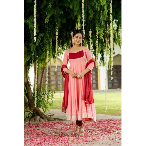 ANNI DESIGNER Women's Rayon Viscose Solid Anarkali Kurta with Pant & Dupatta (KUSPARI Peach_S_Peach_Small)